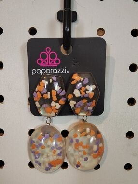 paparazzi Black Confetti Drop Earrings with Orange, Purple & Cream